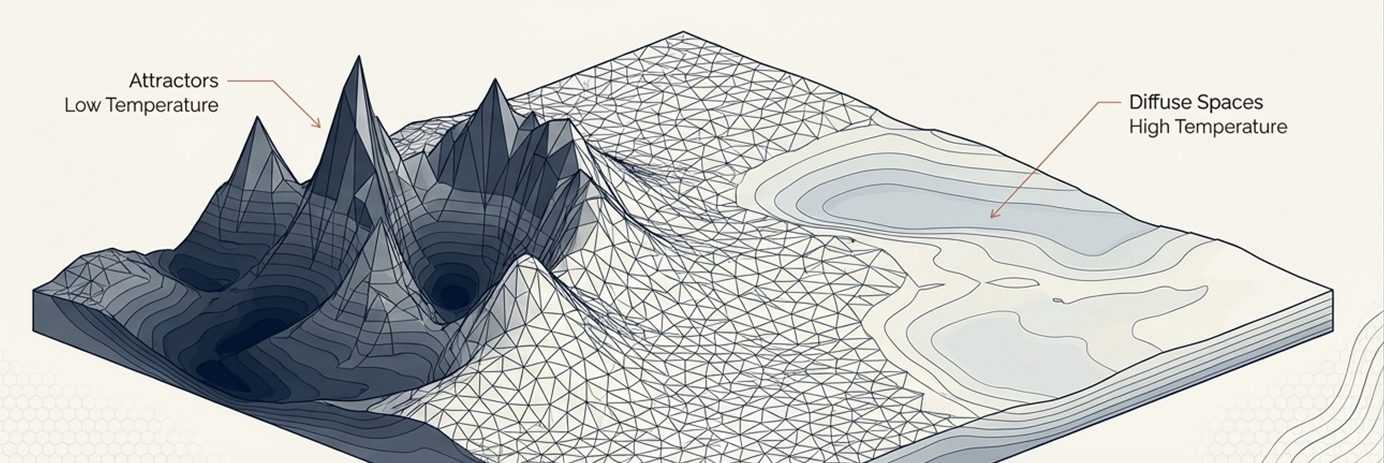 Illustration of a semantic landscape rendered as terrain: sharp dark peaks labelled 'Attractors, Low Temperature' on the left, and a broad pale basin labelled 'Diffuse Spaces, High Temperature' on the right.