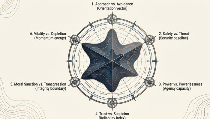 Star-shaped diagram showing six structural coordinates: Approach vs. Avoidance, Safety vs. Threat, Power vs. Powerlessness, Trust vs. Suspicion, Moral Sanction vs. Transgression, and Vitality vs. Depletion.